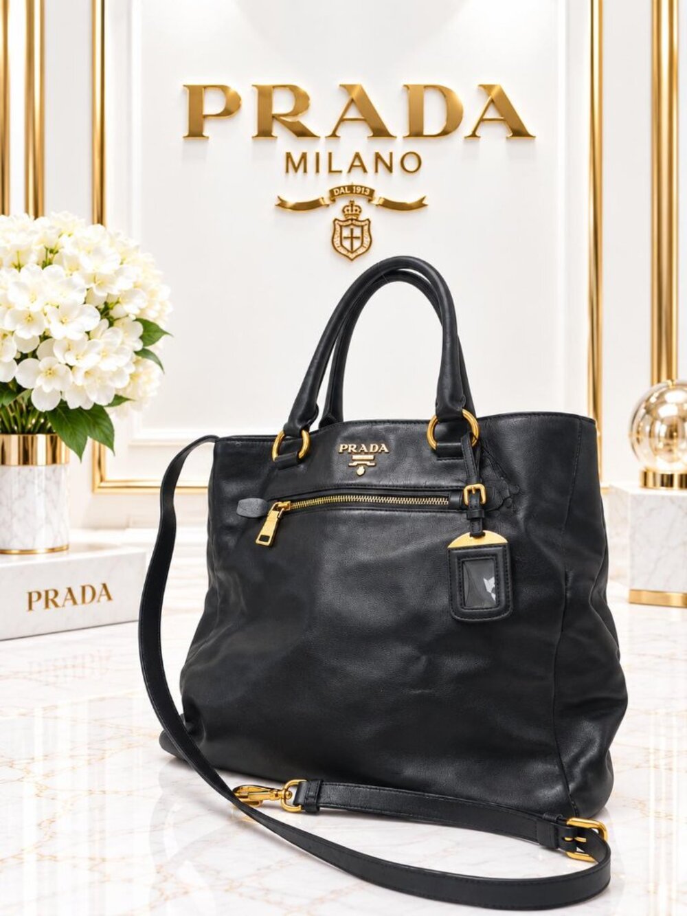 Authentic Prada Black Leather Convertible Tote Shoulder/Crossbody Bag